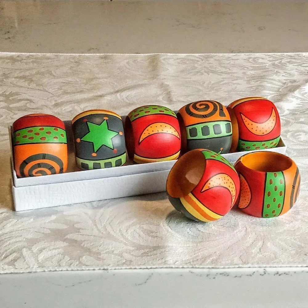Set of 7 Hand-Painted Wood Napkin Rings